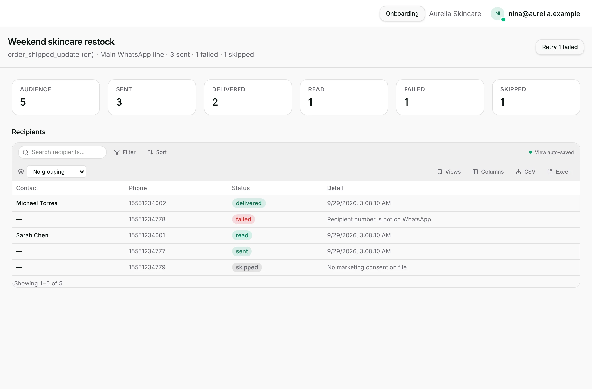 Recipients: Contact, Phone, Status and Detail, including a failed and a skipped row.