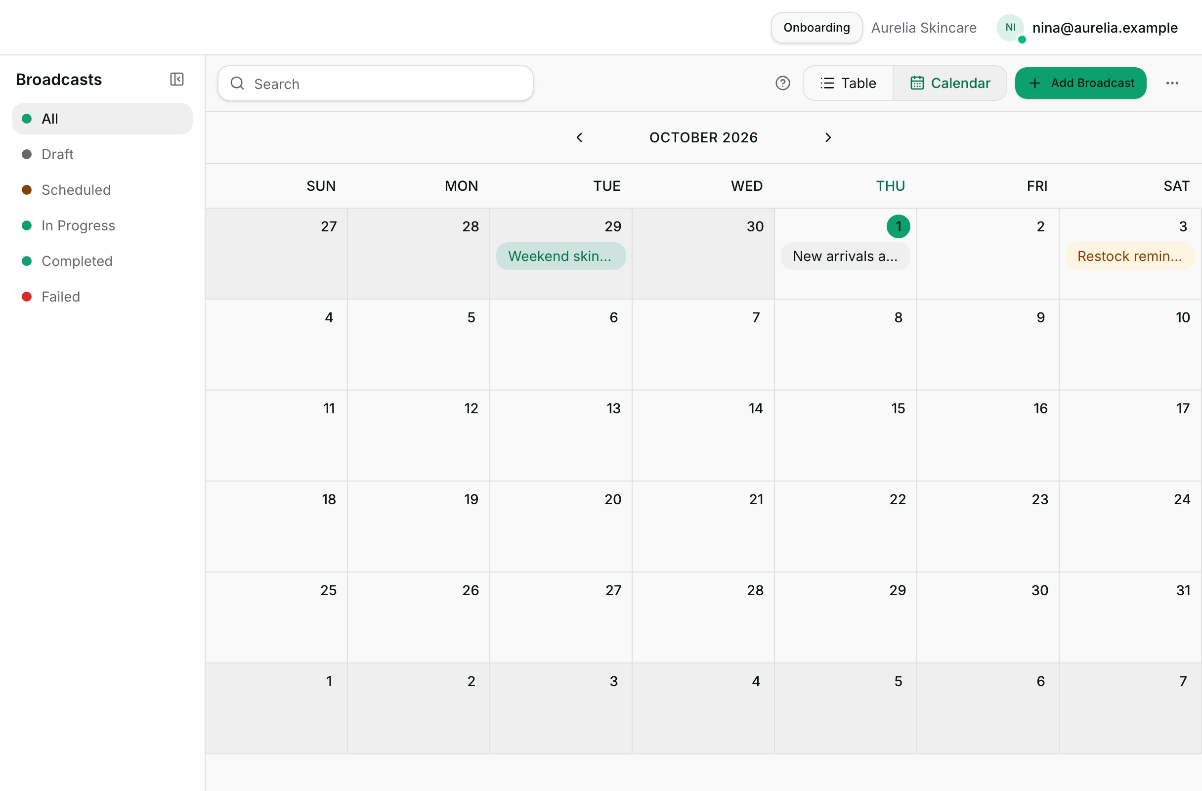The Calendar view, with broadcasts laid on the month they are timed for.