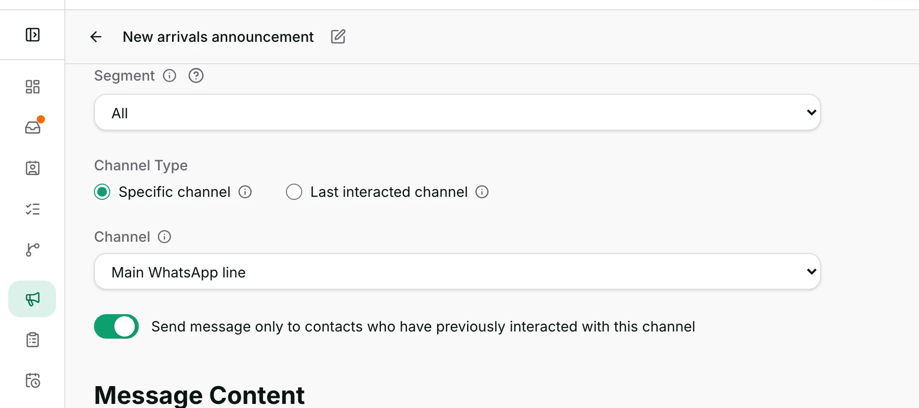Configuration: Segment, Channel Type and Channel.