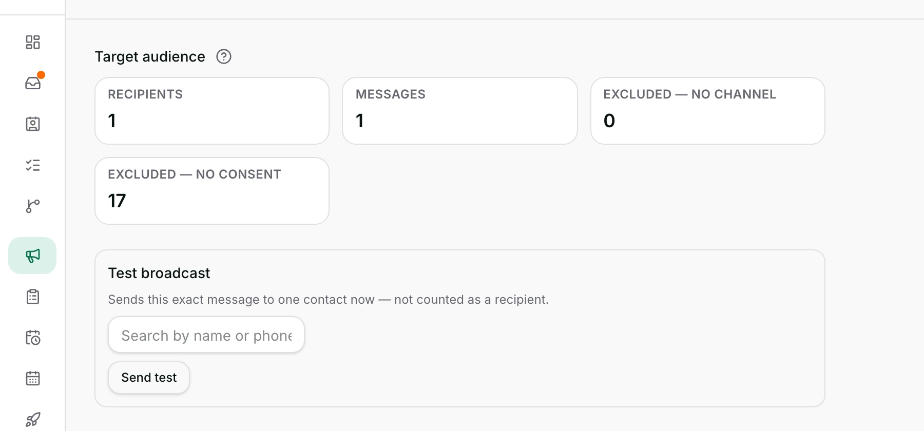 The Review step's audience counts: Recipients and each Excluded reason.