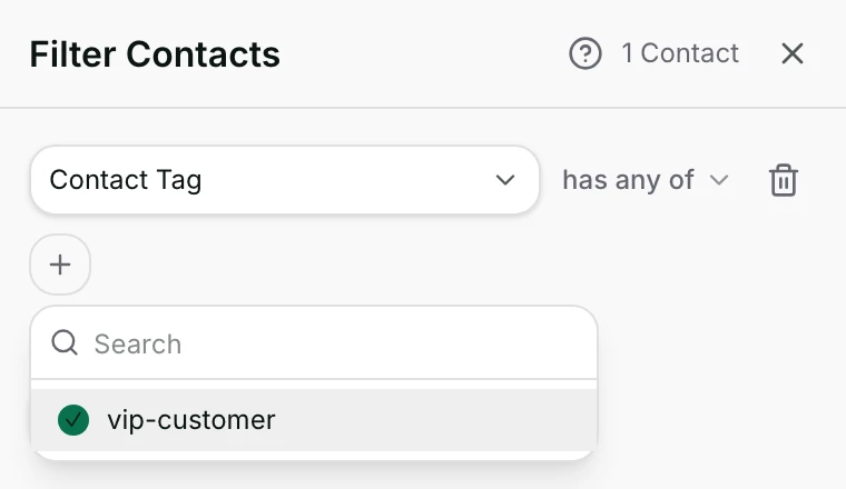 A filter row built on Contact Tag, with the matching count in the panel header.