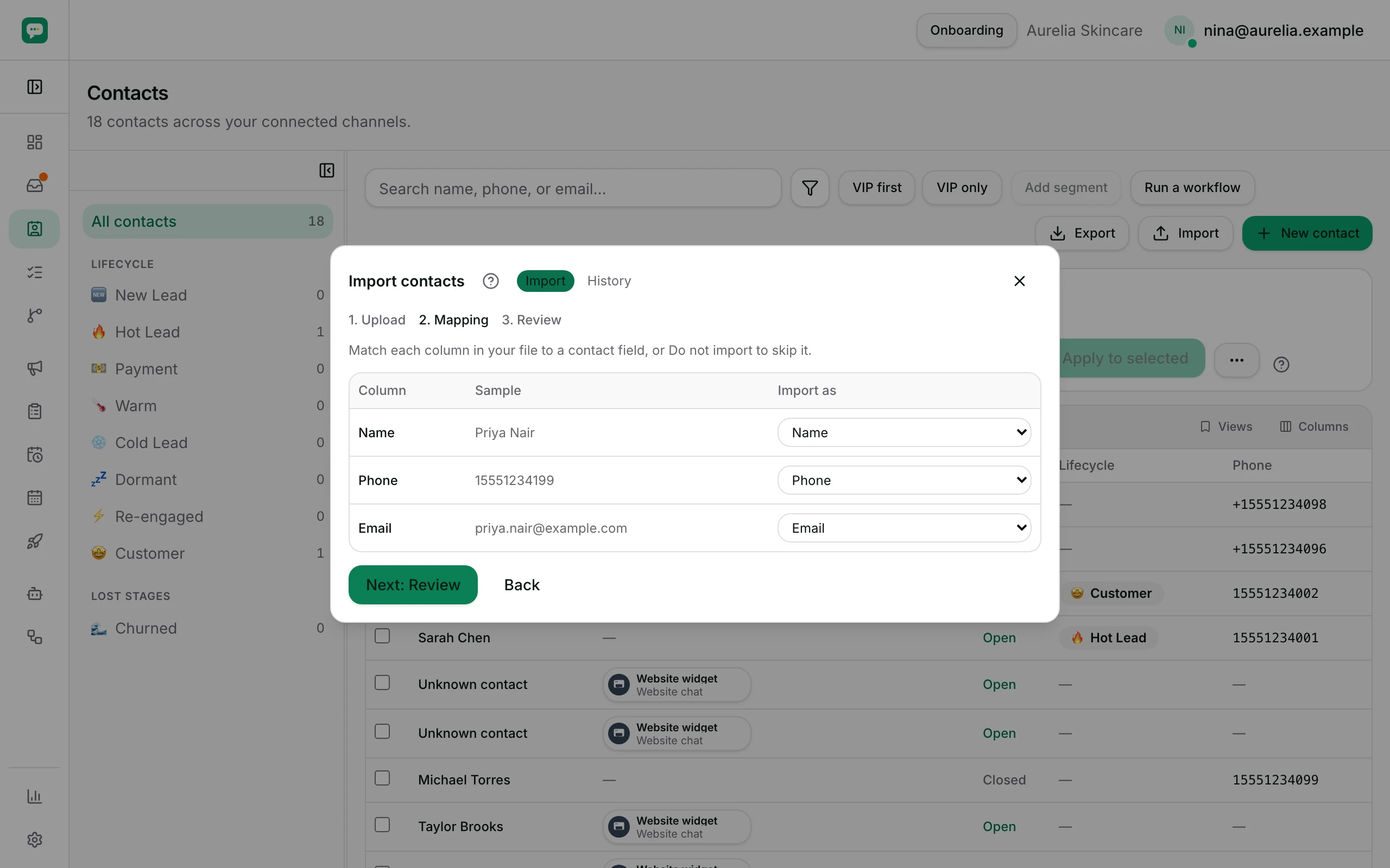 The Mapping step, matching each heading to Name, Phone or Email.