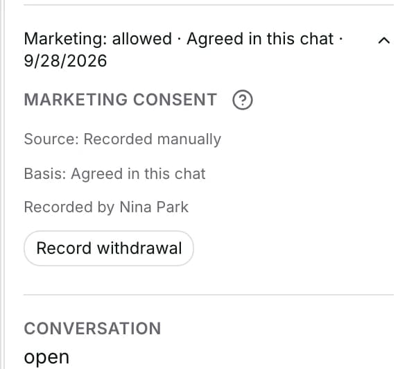 Marketing consent expanded: Source, Basis and who recorded it, allowed.