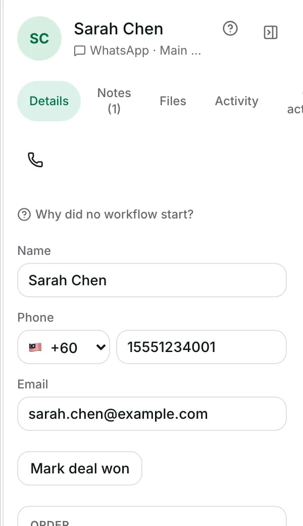 The contact panel's Details tab: Name, Phone and Email, with Mark deal won below.