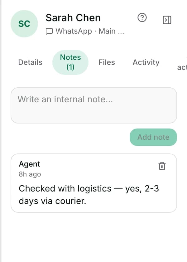The Notes tab, with an internal note on this contact.