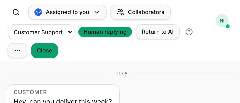 The header's Assigned to you picker, Collaborators, and the team dropdown set to Customer Support.