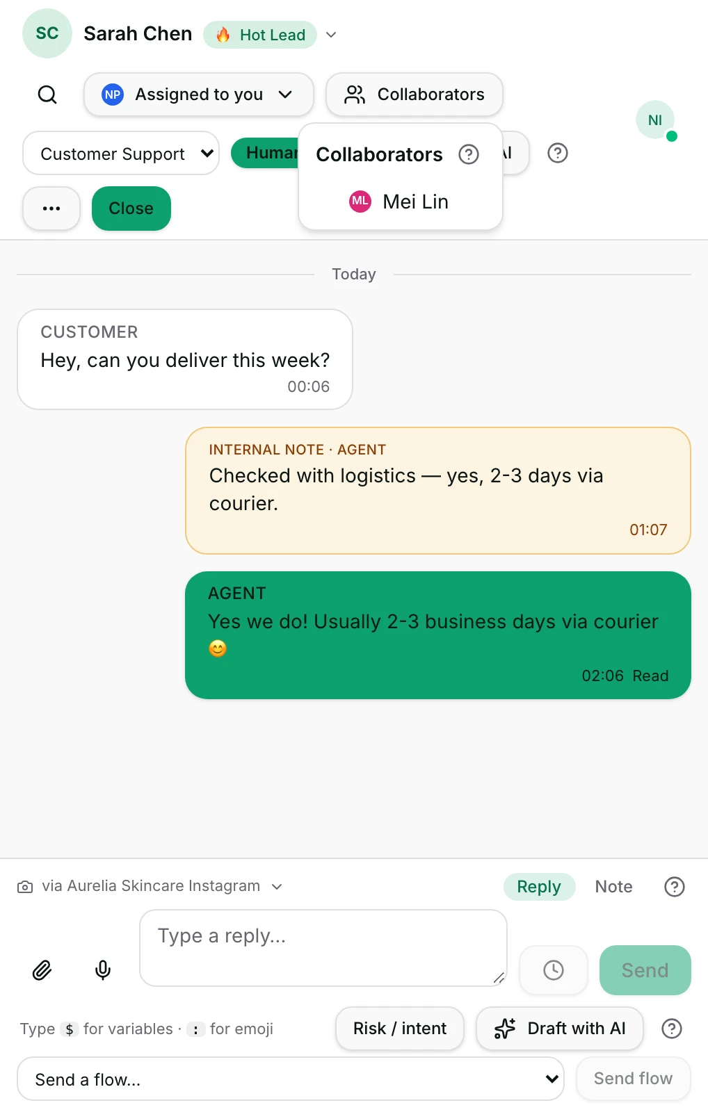 Collaborators open, ready to pull a teammate into the conversation without reassigning it.
