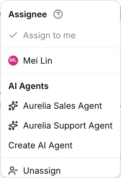The assignee picker open: Assign to me, then teammate Mei Lin below it.