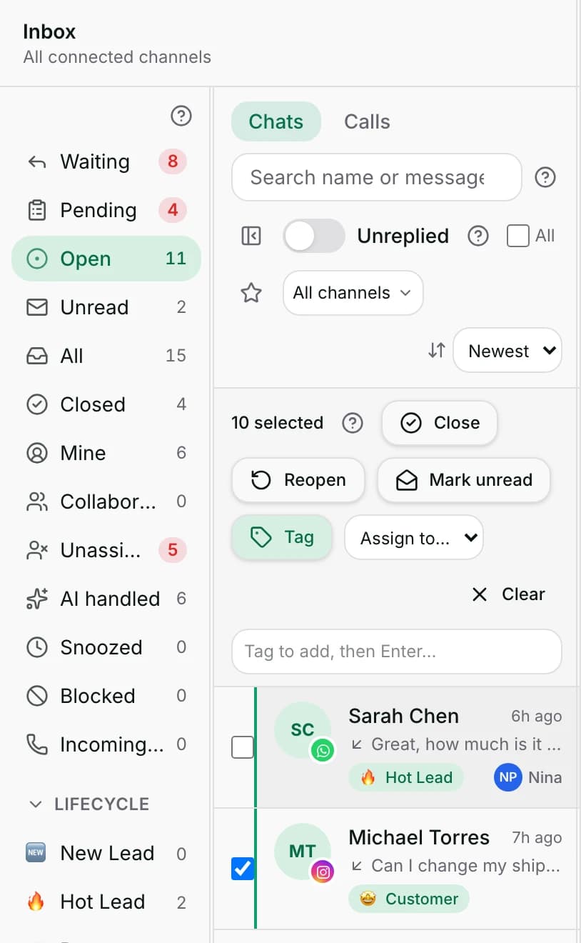 The Tag box open on the bulk bar, ready to tag every ticked conversation at once.