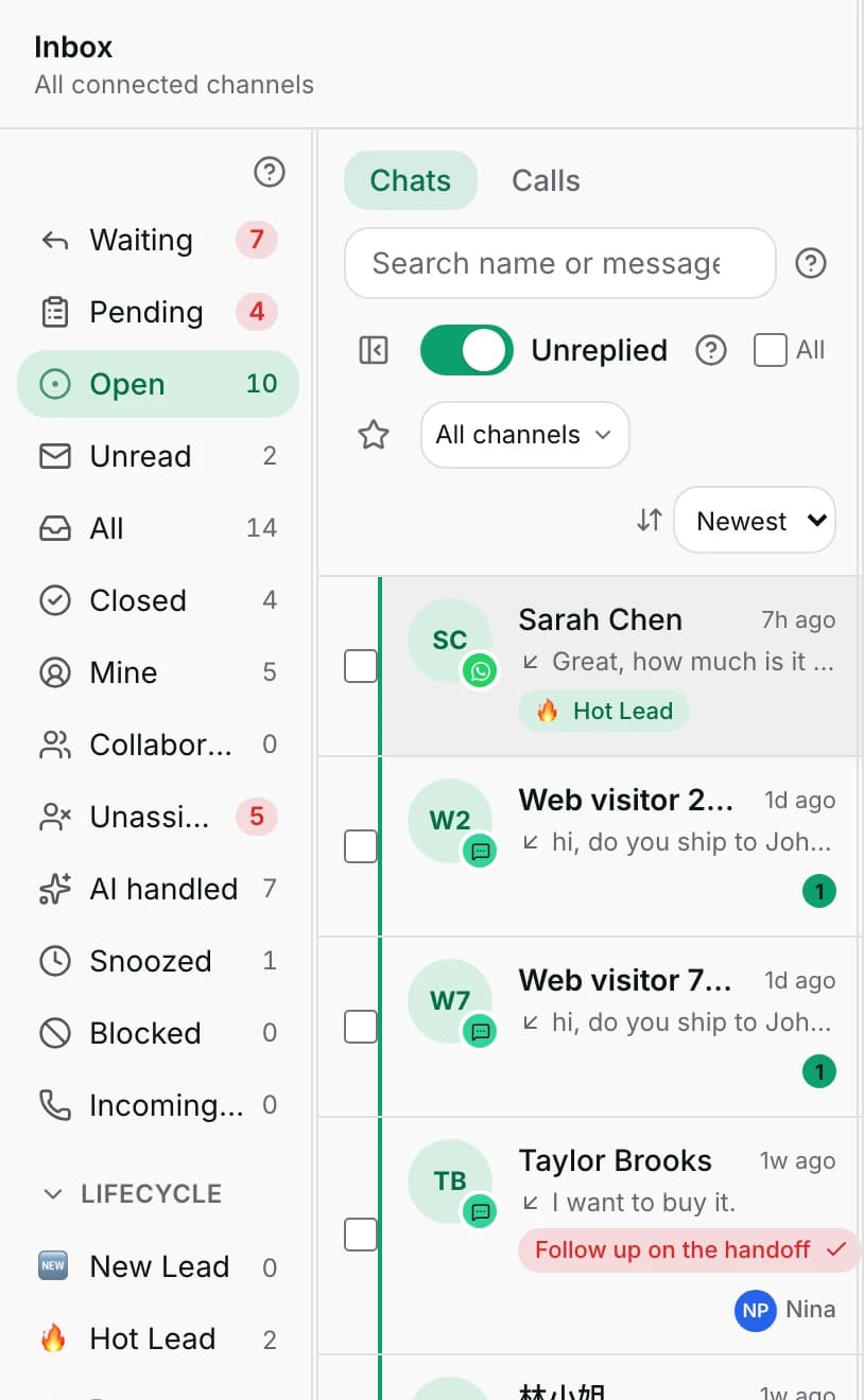 Unreplied switched on, narrowing the list to conversations the customer wrote last on.