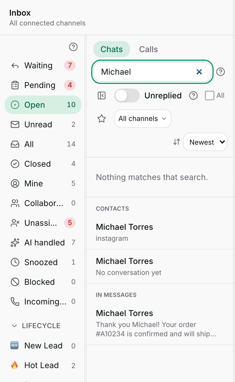 A search with no open match, showing Contacts and In messages groups below it.