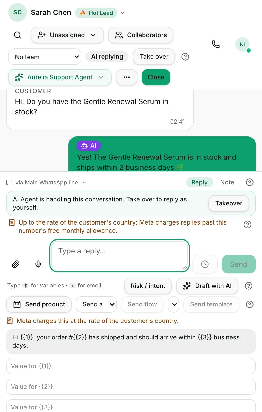 Send an approved template picked, with a Value field for each placeholder and the preview.