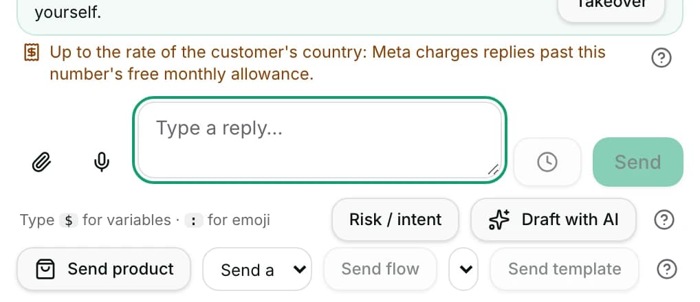 The composer's Send product button active beside Send a flow and Send template.