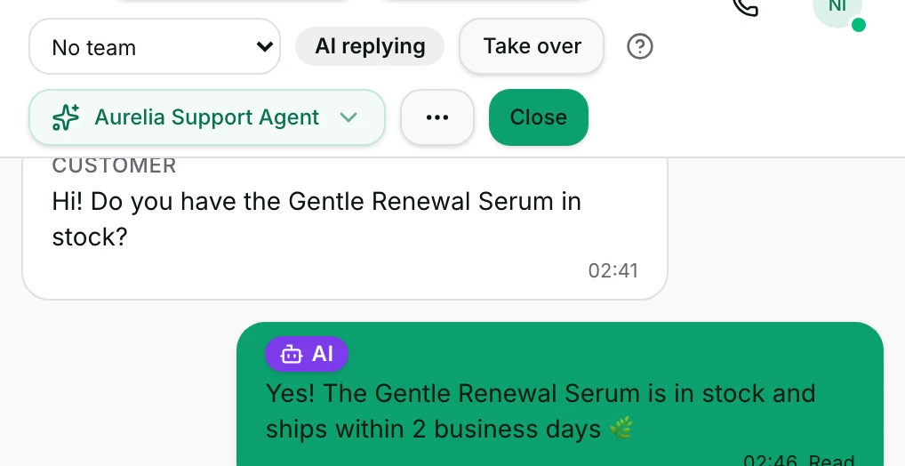The AI replying badge, with Take over next to the AI agent picker.