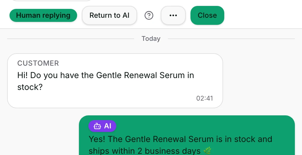 Human replying after Take over, with Return to AI in its place.