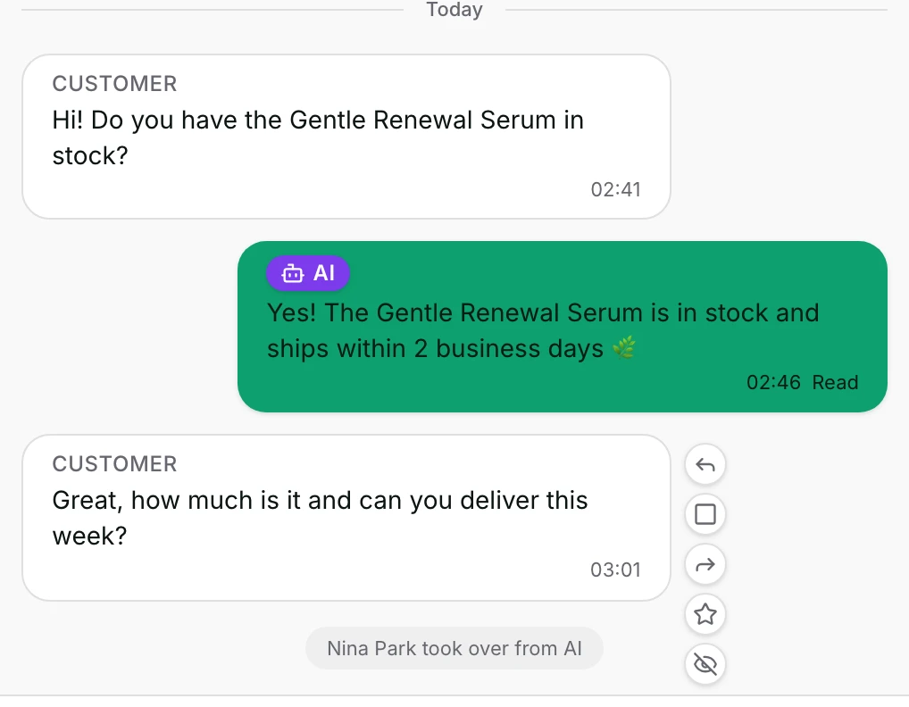 A message bubble with Reply, Select, Forward, Star and Delete for me showing on hover.