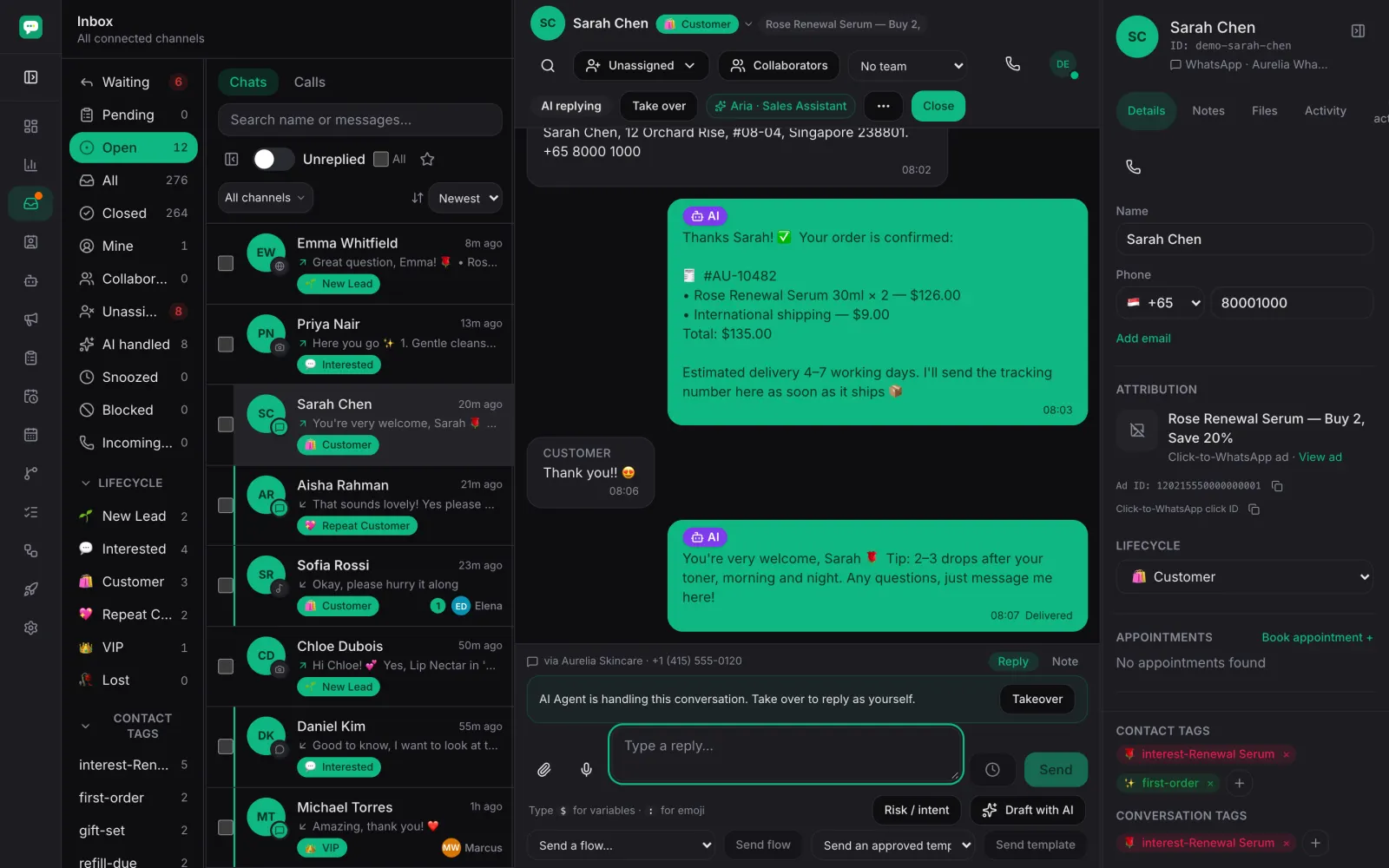 The contact sidebar showing which ad a conversation came from, with its ad ID