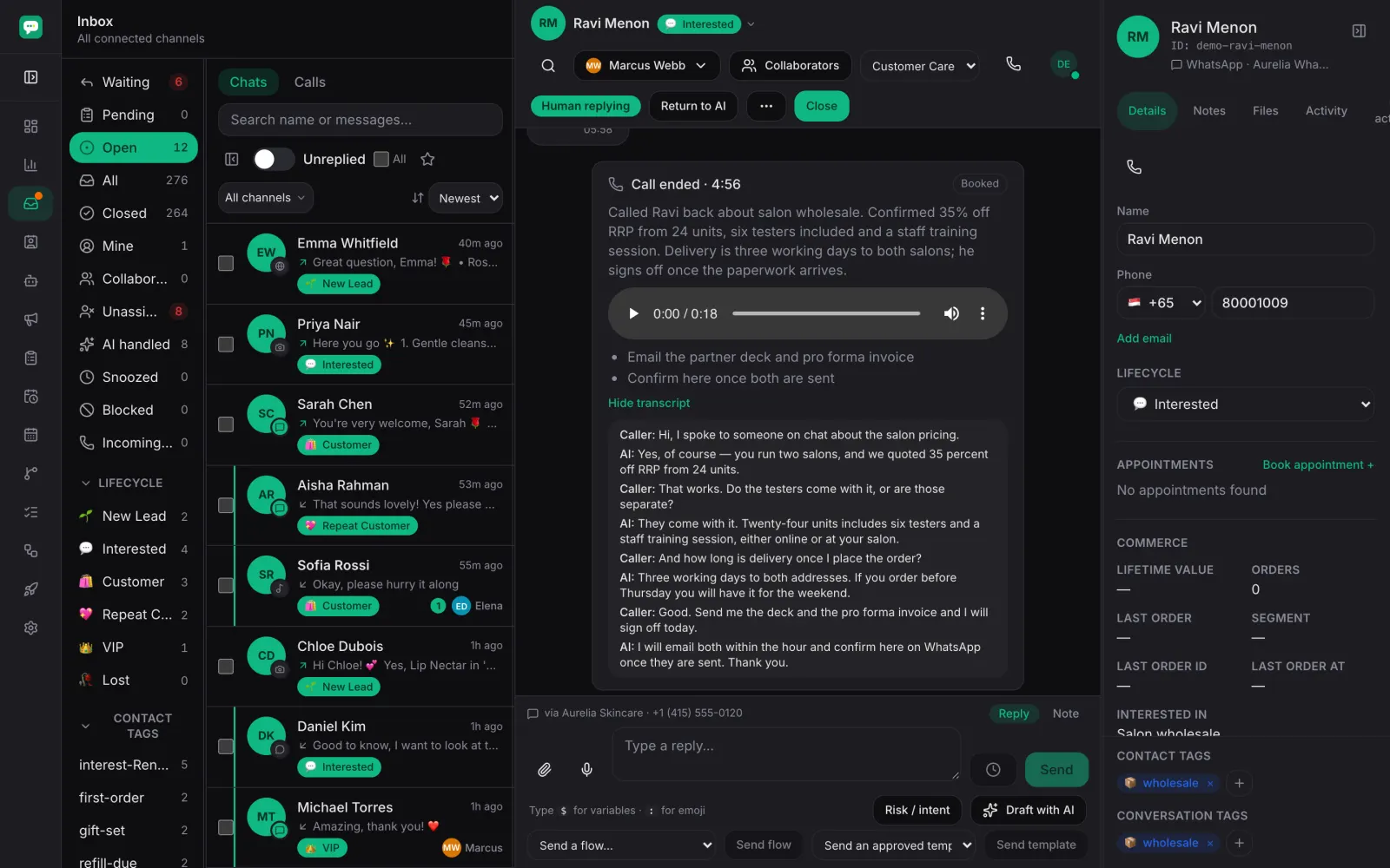 An inbound WhatsApp call in the Inchat inbox, with the contact's history beside it