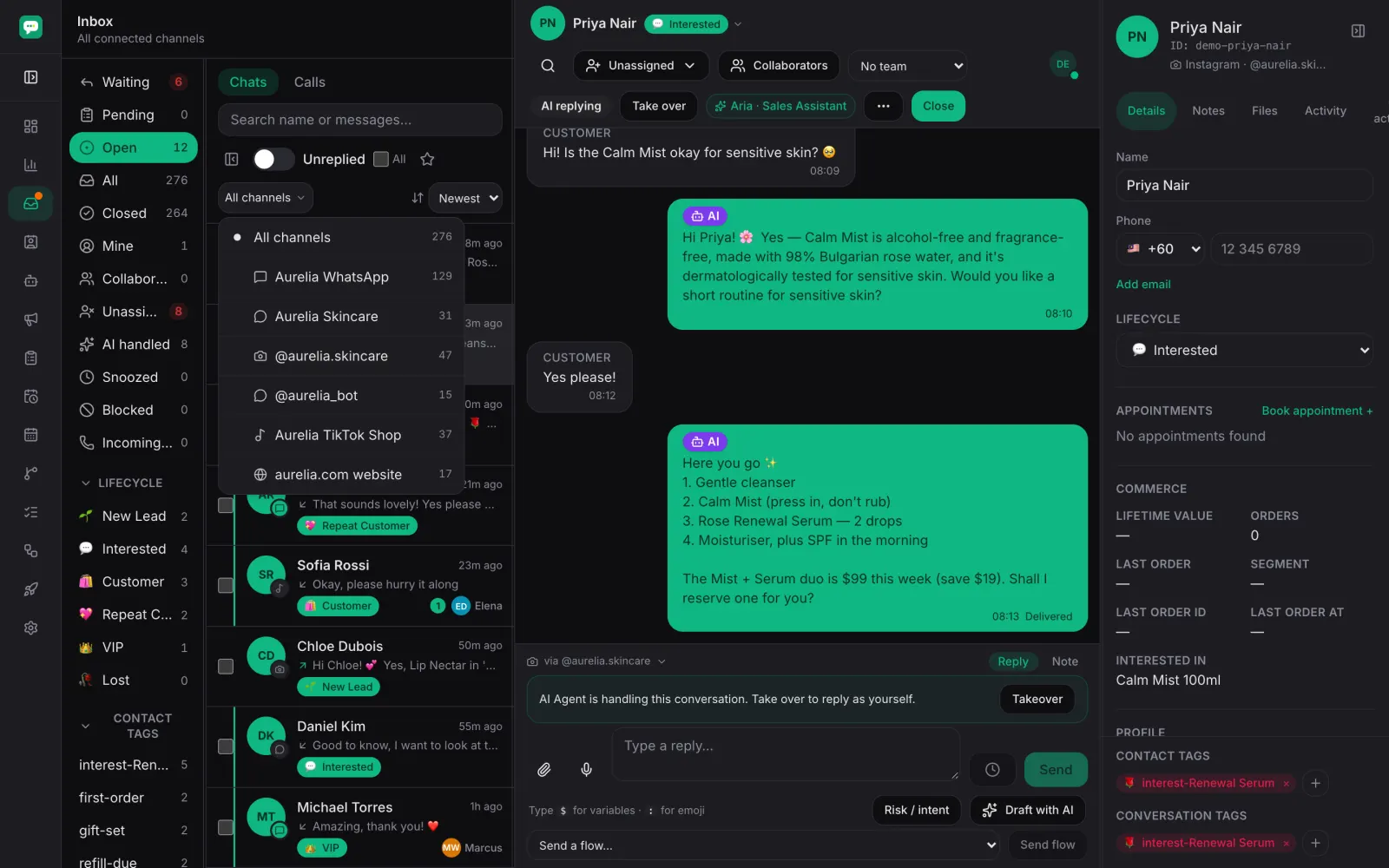 Inchat inbox with the channel filter open, showing WhatsApp, Messenger, Instagram, TikTok Shop and website conversations side by side
