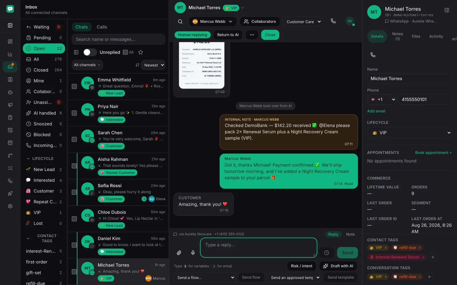 A WhatsApp thread with a bank transfer receipt, a note that a teammate took over from the AI, and their reply